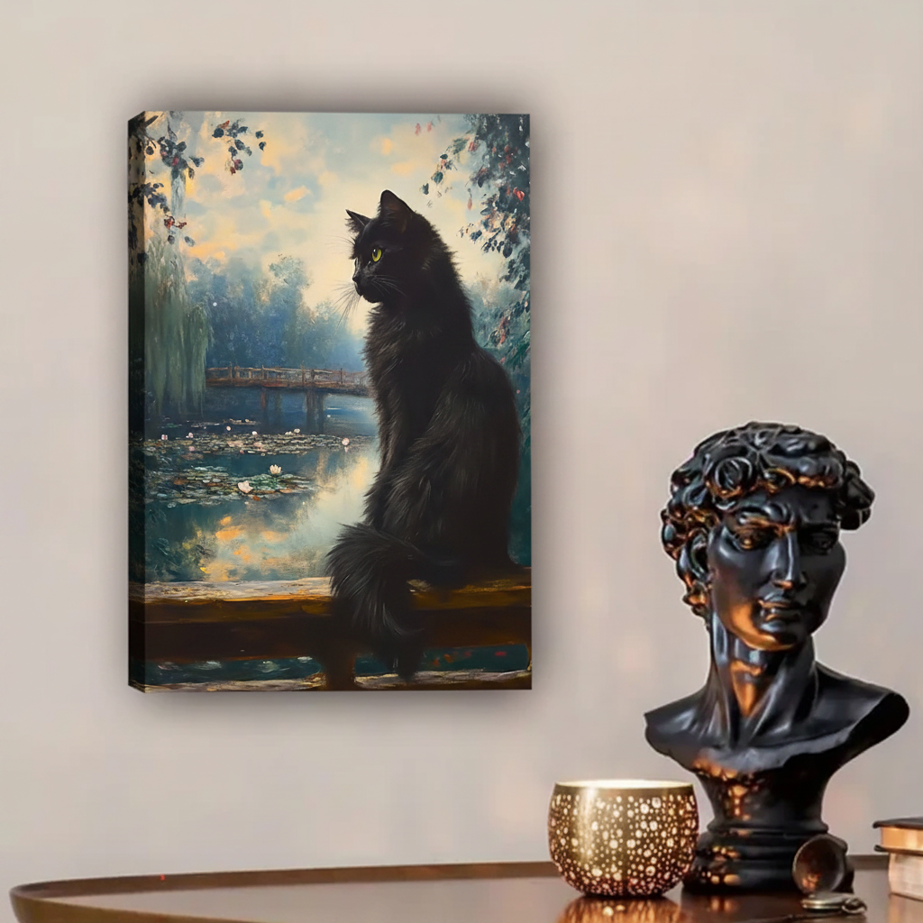 Elegant black cat canvas print — Monet-style garden with water lilies, teal and gold tones, living room decor
