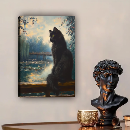 Elegant black cat canvas print — Monet-style garden with water lilies, teal and gold tones, living room decor