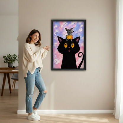 Funny black cat mouse cheese canvas wall art held up, bold whimsical cat home decor print