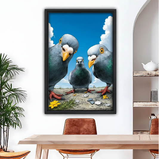 Funny pigeon trio comic framed wall art, black frame, three pigeons staring, above dining table