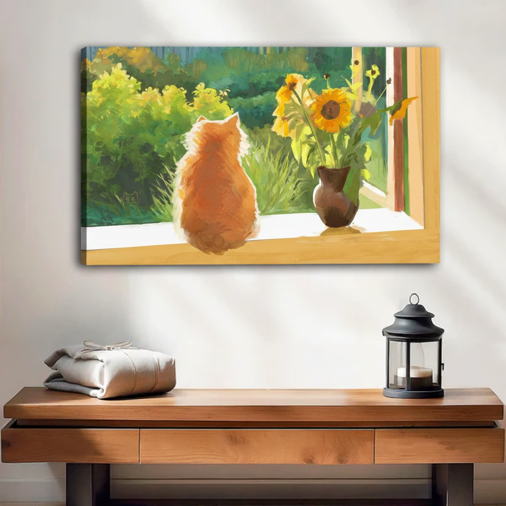 Watercolor orange cat windowsill sunflower canvas art gallery wrap — warm nature pet print for cat lovers home decor