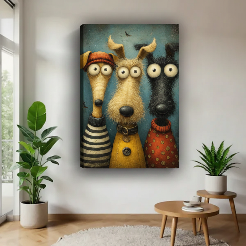 Three dogs folk art oil painting gallery wrap canvas print — whimsical cartoon dogs with big eyes in colorful sweaters, frameless eclectic wall art