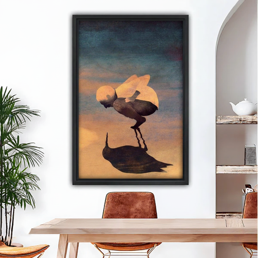 Surreal man crouching with bird shadow oil painting framed canvas wall art above dining table, sunset gold and blue tones