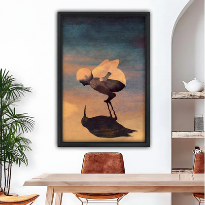 Surreal man crouching with bird shadow oil painting framed canvas wall art above dining table, sunset gold and blue tones