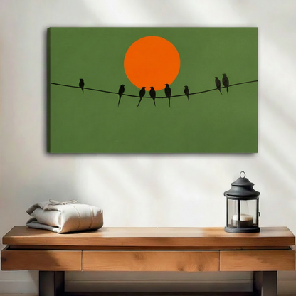 Birds on wire canvas wall art frameless gallery wrap, minimalist sunset silhouette print with visible canvas edges, modern olive green home decor