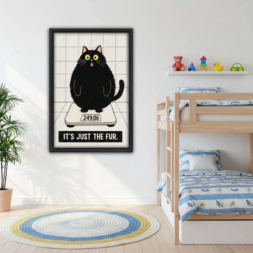 It's Just the Fur fat cat framed print, bedroom wall decor, funny cat art above bed
