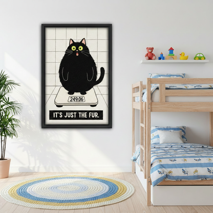 It's Just the Fur fat cat framed print, bedroom wall decor, funny cat art above bed