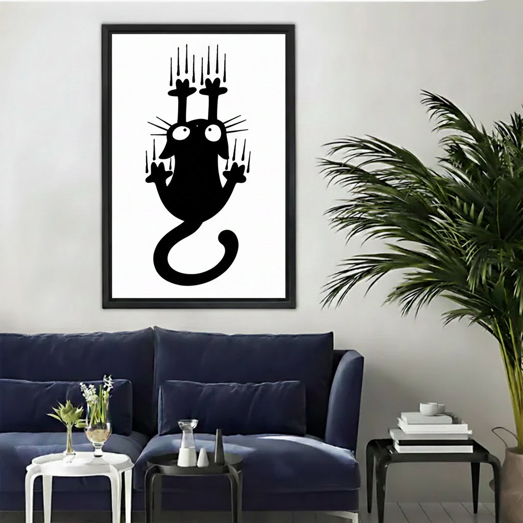 Funny black cat clinging to wall minimalist canvas wall art in black frame, dark blue sofa living room