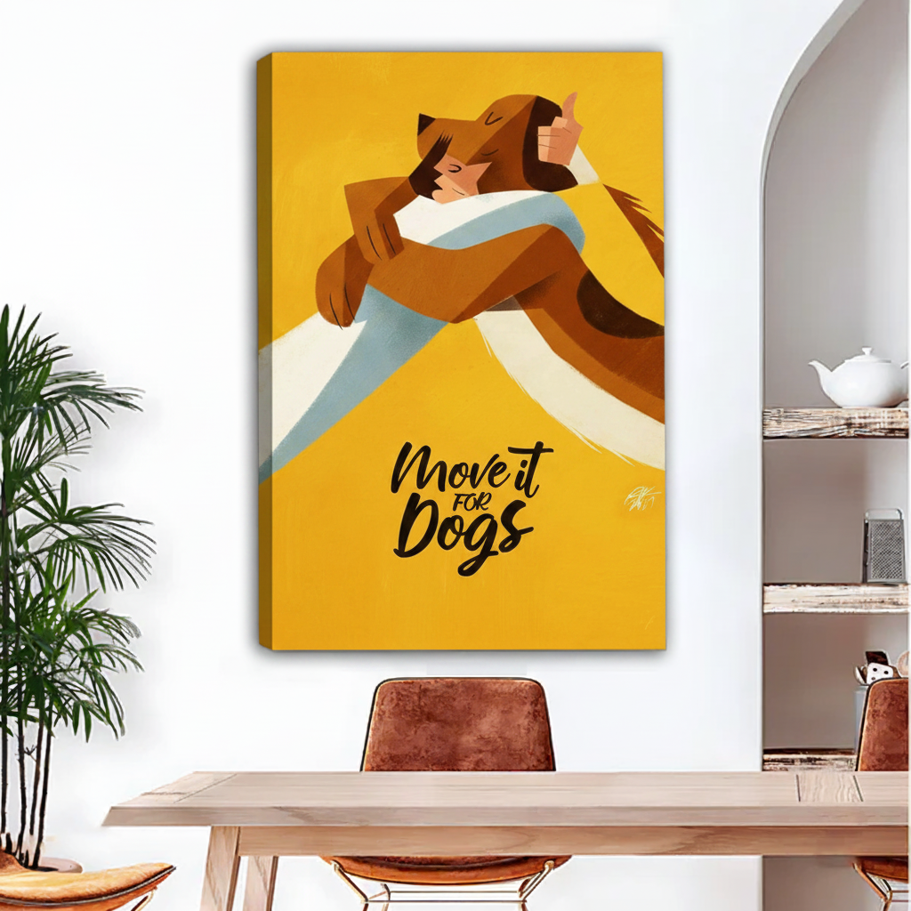 Bold Move It For Dogs retro canvas art leaning against dining room wall, golden yellow dog embrace poster illustration, quirky dog lover home decor