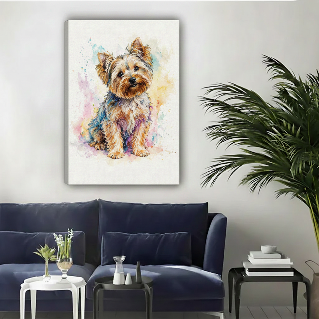 Yorkshire Terrier watercolor painting framed canvas art hanging on white wall