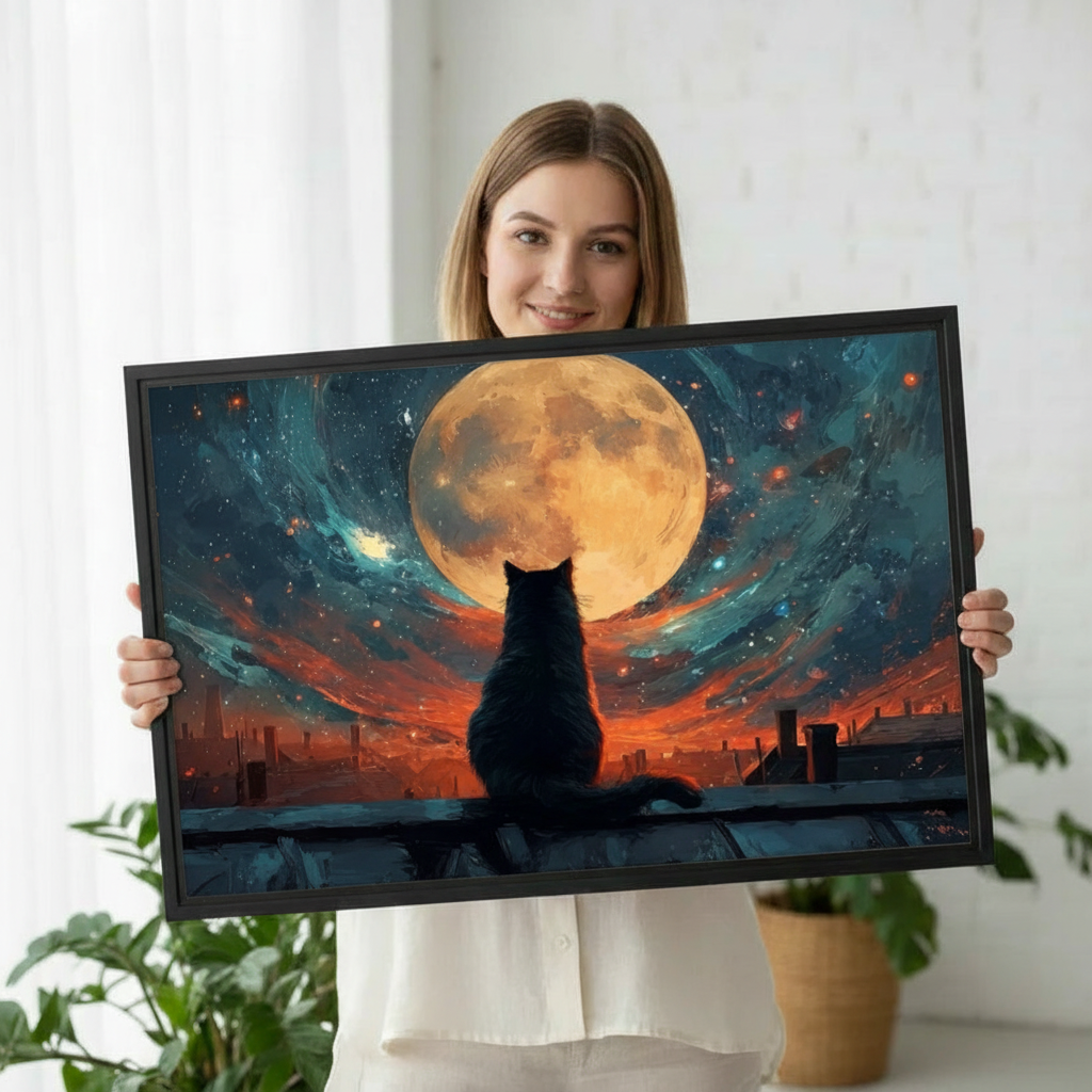 Moonlit Black Cat Fantasy Wall Art Print l1997