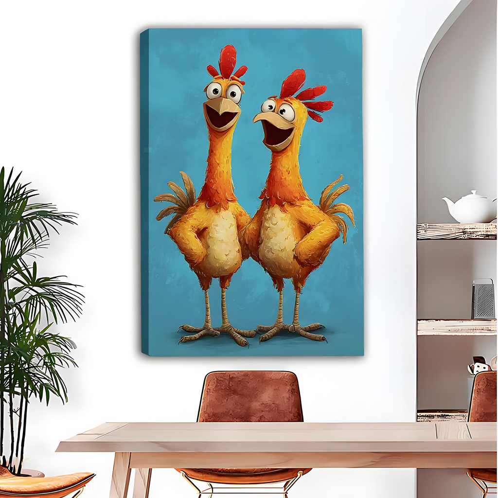 Framed chicken duo canvas wall art displayed above a wooden dining table with leather chairs.