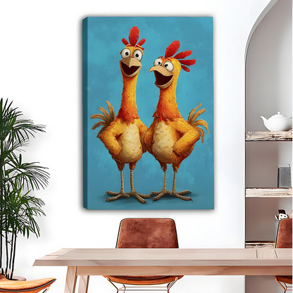 Framed chicken duo canvas wall art displayed above a wooden dining table with leather chairs.