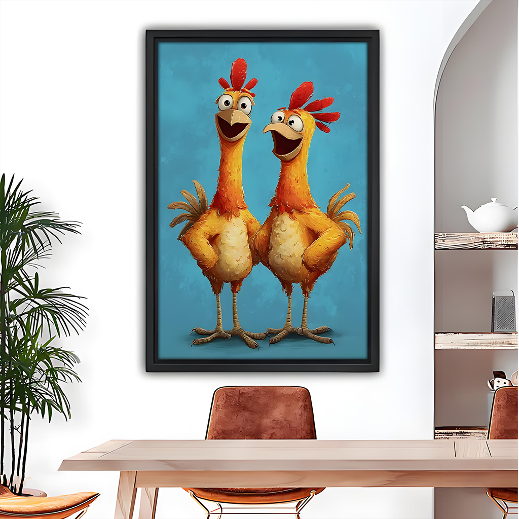 Framed whimsical chicken duo canvas wall art hanging above a bunk bed in a bright kids bedroom.