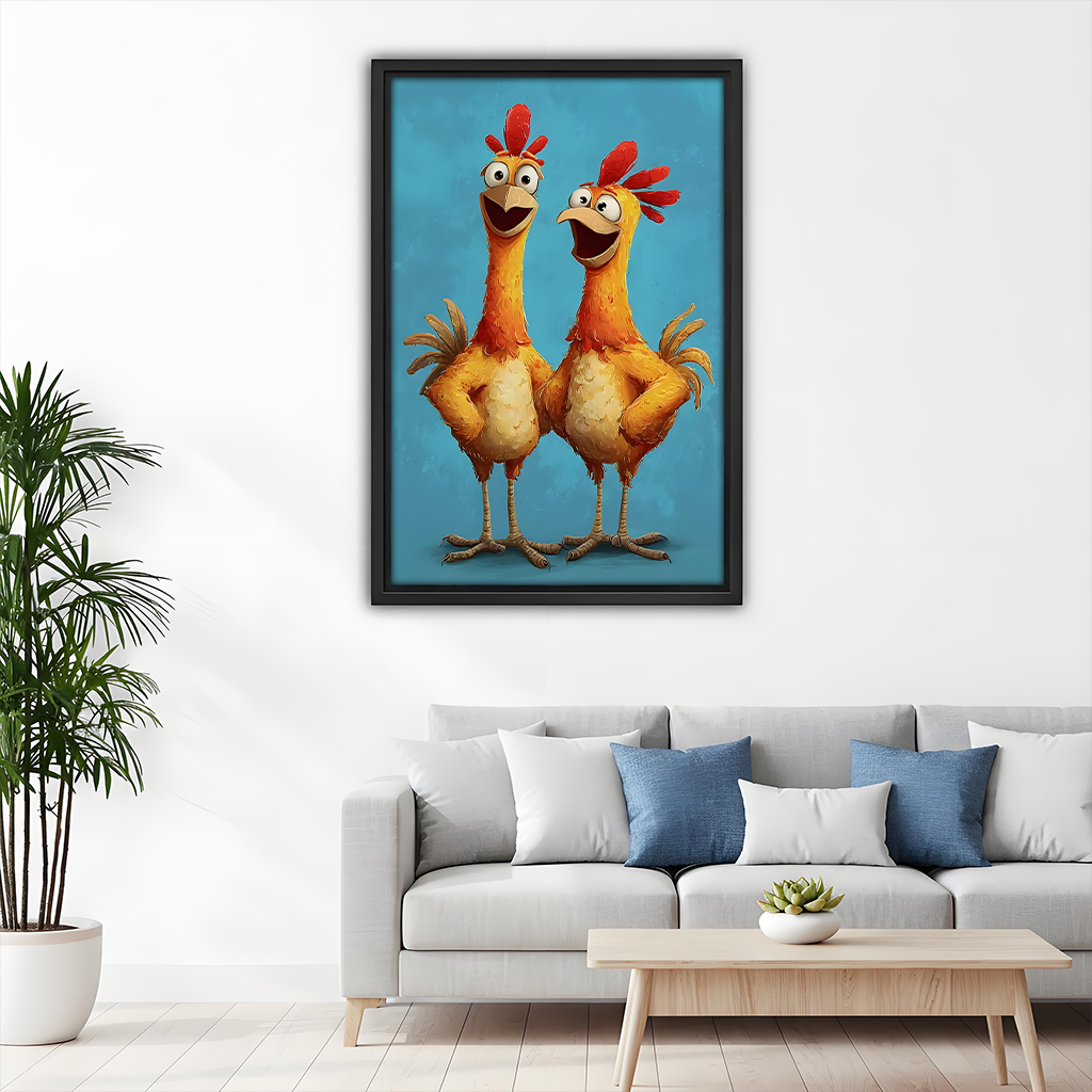 Framed chicken duo canvas wall art above a gray sofa in a cozy living room with plants.