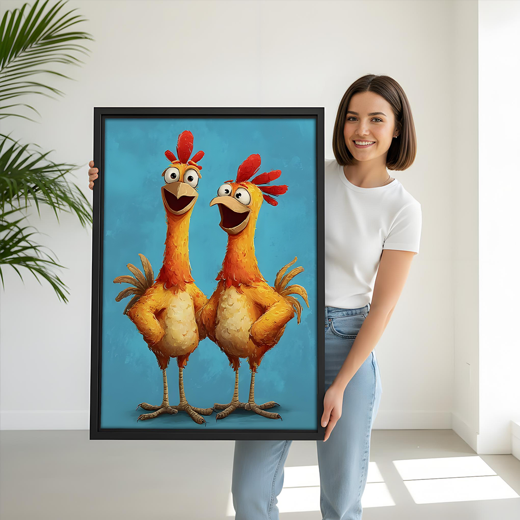 Gallery-wrap chicken duo canvas wall art showing two laughing cartoon chickens on a teal background.