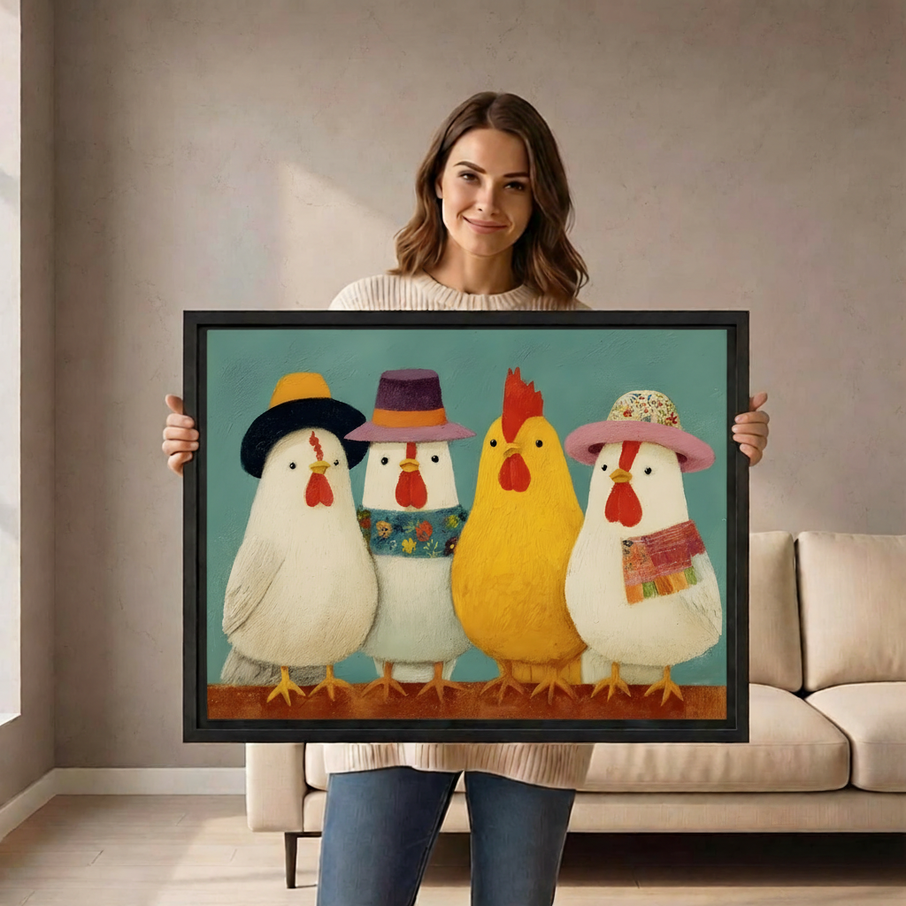 Woman holding a large framed canvas print of four cartoon-style chickens wearing hats and scarves, showing print size scale for home decor