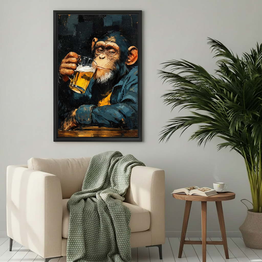 Chimpanzee beer canvas wall art displayed above a cozy cream chair in a reading corner.