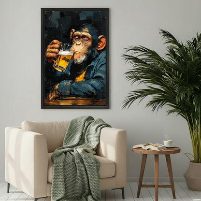 Chimpanzee beer canvas wall art displayed above a cozy cream chair in a reading corner.