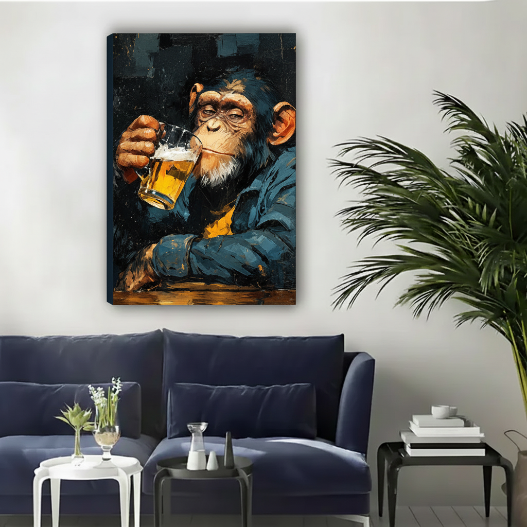 Gallery-wrap chimpanzee beer canvas wall art displayed above a dark blue sofa with tropical greenery.