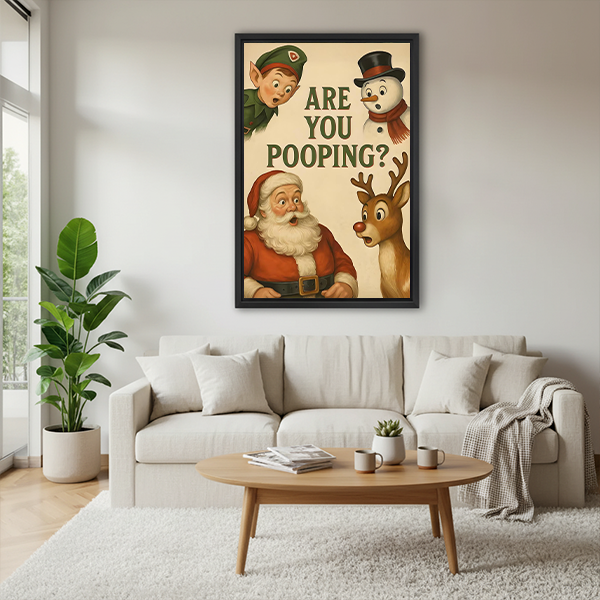 Gallery-wrap Christmas bathroom canvas wall art with Santa, snowman, elf, and red-nosed reindeer above wooden tables.