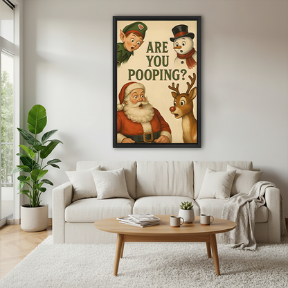 Gallery-wrap Christmas bathroom canvas wall art with Santa, snowman, elf, and red-nosed reindeer above wooden tables.