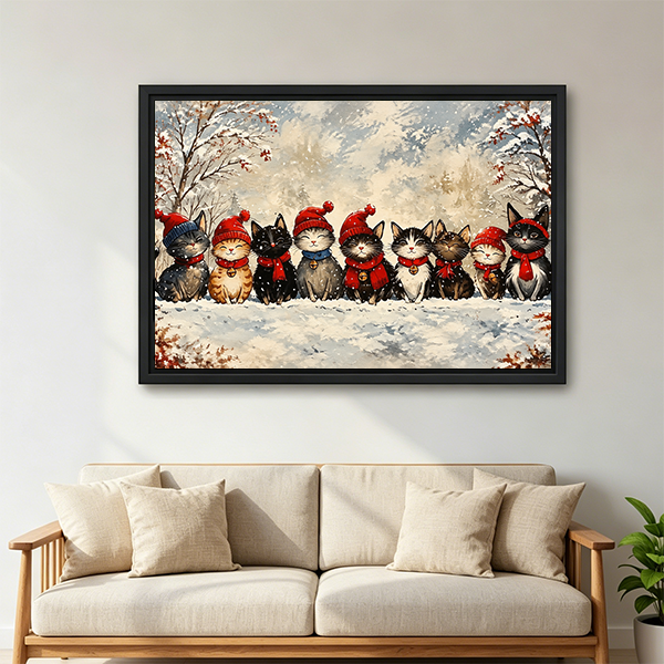 Black-framed Christmas cats canvas wall art above white bedding and a wooden headboard, showing a snowy festive scene.