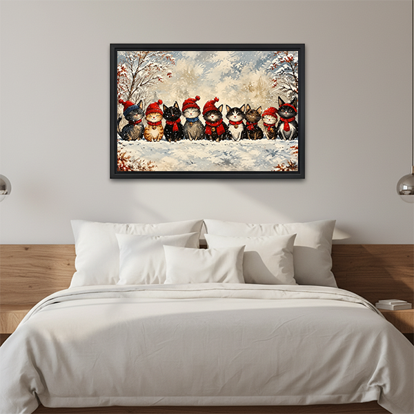 Gallery-wrapped Christmas cats canvas wall art above a wooden console table with a lantern, depicting cats in snow.