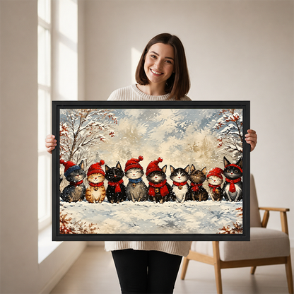 Whimsical Christmas cats canvas wall art in a black frame above a cream sofa with wooden arms.