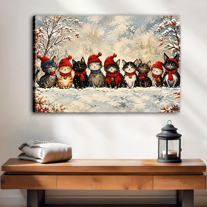 Woman holding black-framed Christmas cats canvas wall art with a row of cats wearing festive hats and scarves.