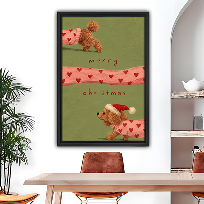 Black-framed Christmas dog canvas wall art above a dining table, featuring a Santa hat and pink heart sweater.