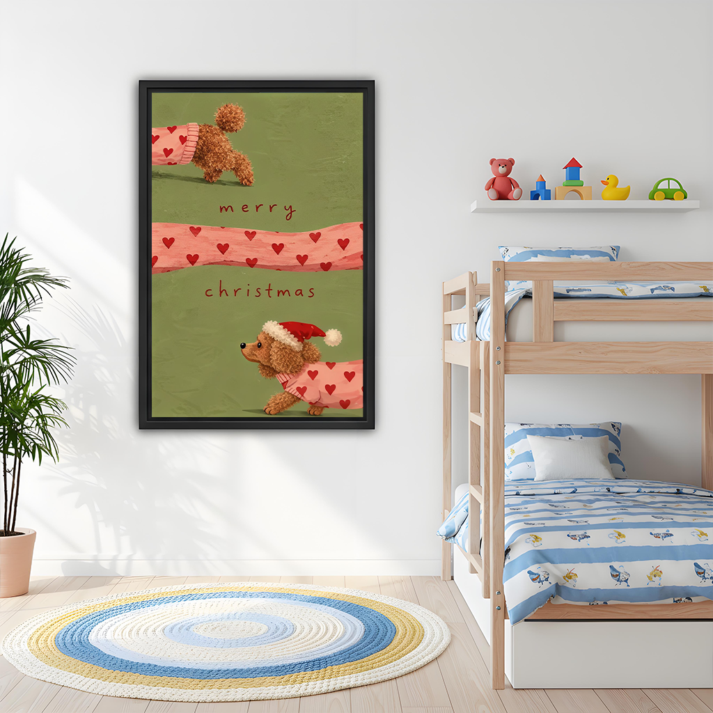 Gallery-wrapped Christmas dog canvas wall art above a dining table, with pink hearts against an olive-green background.