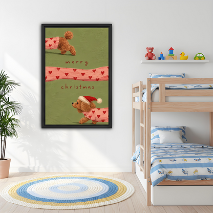 Gallery-wrapped Christmas dog canvas wall art above a dining table, with pink hearts against an olive-green background.