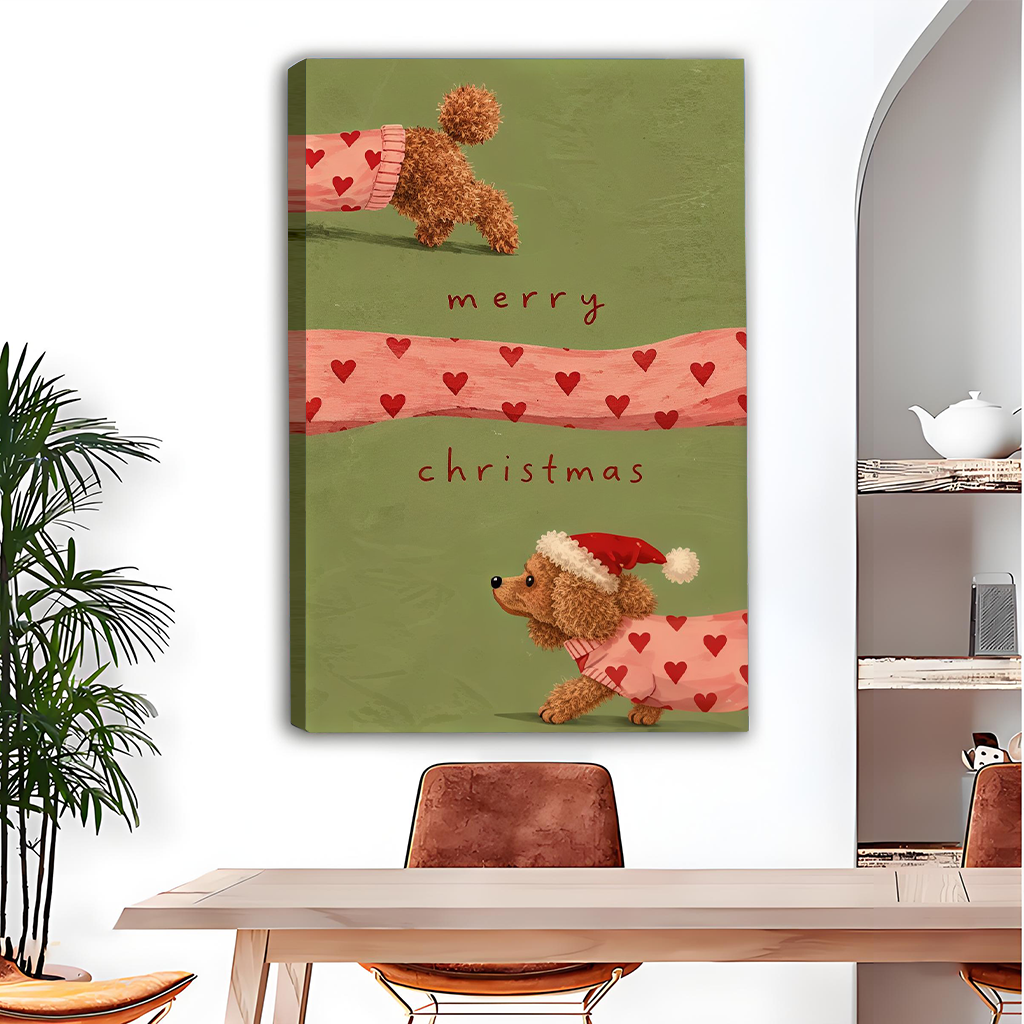 Whimsical Christmas dog canvas wall art in a black frame beside wooden bunk beds in a bright child's bedroom.