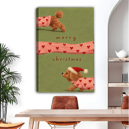 Whimsical Christmas dog canvas wall art in a black frame beside wooden bunk beds in a bright child's bedroom.