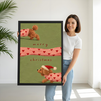 Christmas dog canvas wall art with merry christmas lettering in a black frame above a gray living room sofa.