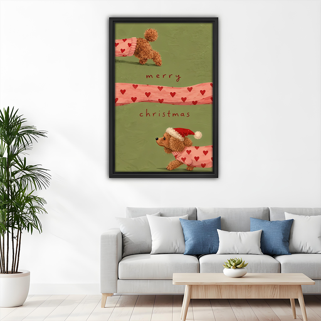 Woman holding black-framed Christmas dog canvas wall art featuring a curly-haired dog in a Santa hat and heart sweater.