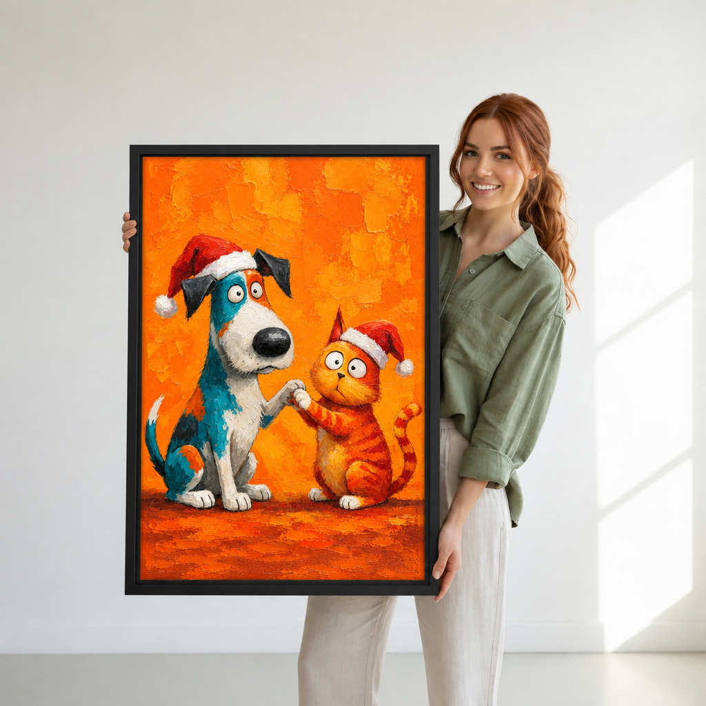 A woman holds Christmas dog and cat canvas wall art featuring two Santa-hat pets against a bright orange background.