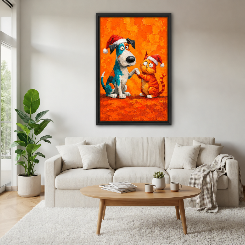 Framed Christmas dog and cat canvas wall art hangs above a light sofa in a bright living room.