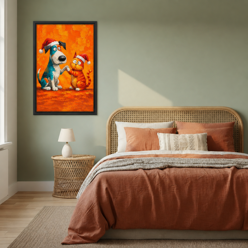 Christmas dog and cat framed canvas displayed above a bed in a warm, softly styled bedroom.