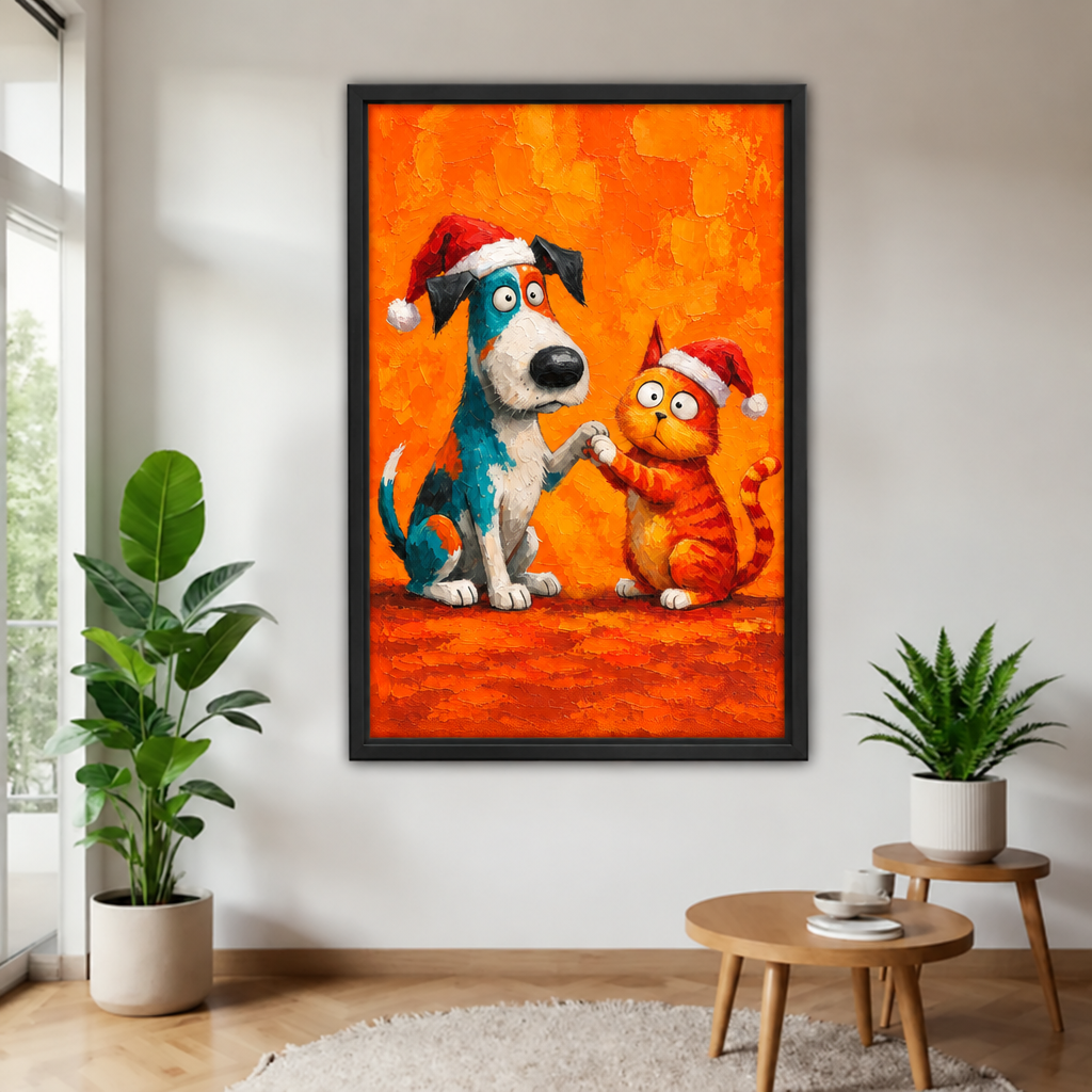 Framed Christmas dog and cat canvas wall art hangs above a living room table between two potted plants.