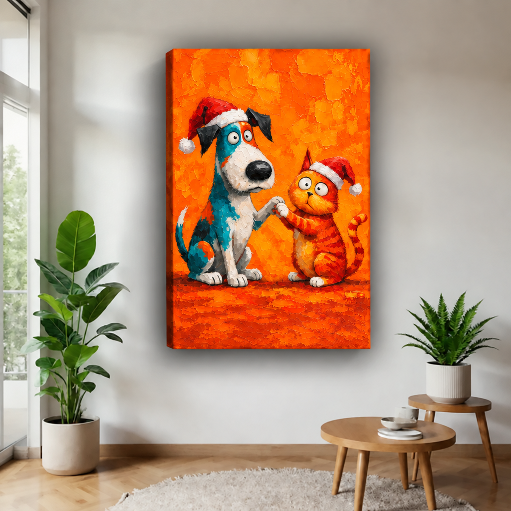Christmas dog and cat gallery-wrap canvas displayed on a living room wall beside green plants and a coffee table.