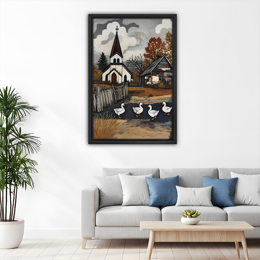 Framed church and geese canvas wall art with a white steeple and autumn foliage displayed beside wooden bunk beds.