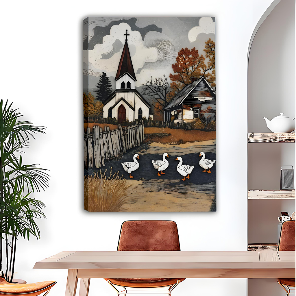 Gallery-wrap church and geese canvas wall art featuring four white geese and autumn trees above a dining table.