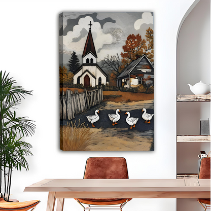 Gallery-wrap church and geese canvas wall art featuring four white geese and autumn trees above a dining table.
