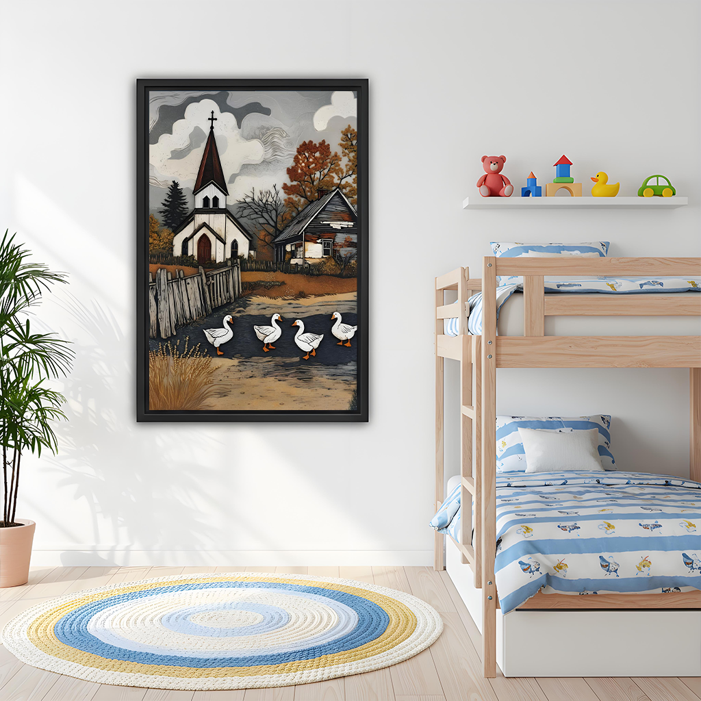 Woman holding black framed church and geese canvas wall art showing four white geese beneath an autumn village scene.