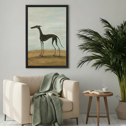 Black framed classical oil greyhound portrait canvas wall art above cream armchair with green knit throw