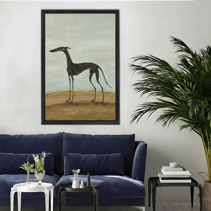 Classical oil greyhound portrait framed canvas wall art above navy blue velvet sofa with palm plant decor