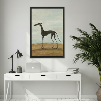 Classical oil greyhound portrait framed canvas print above white desk with laptop and lamp home office