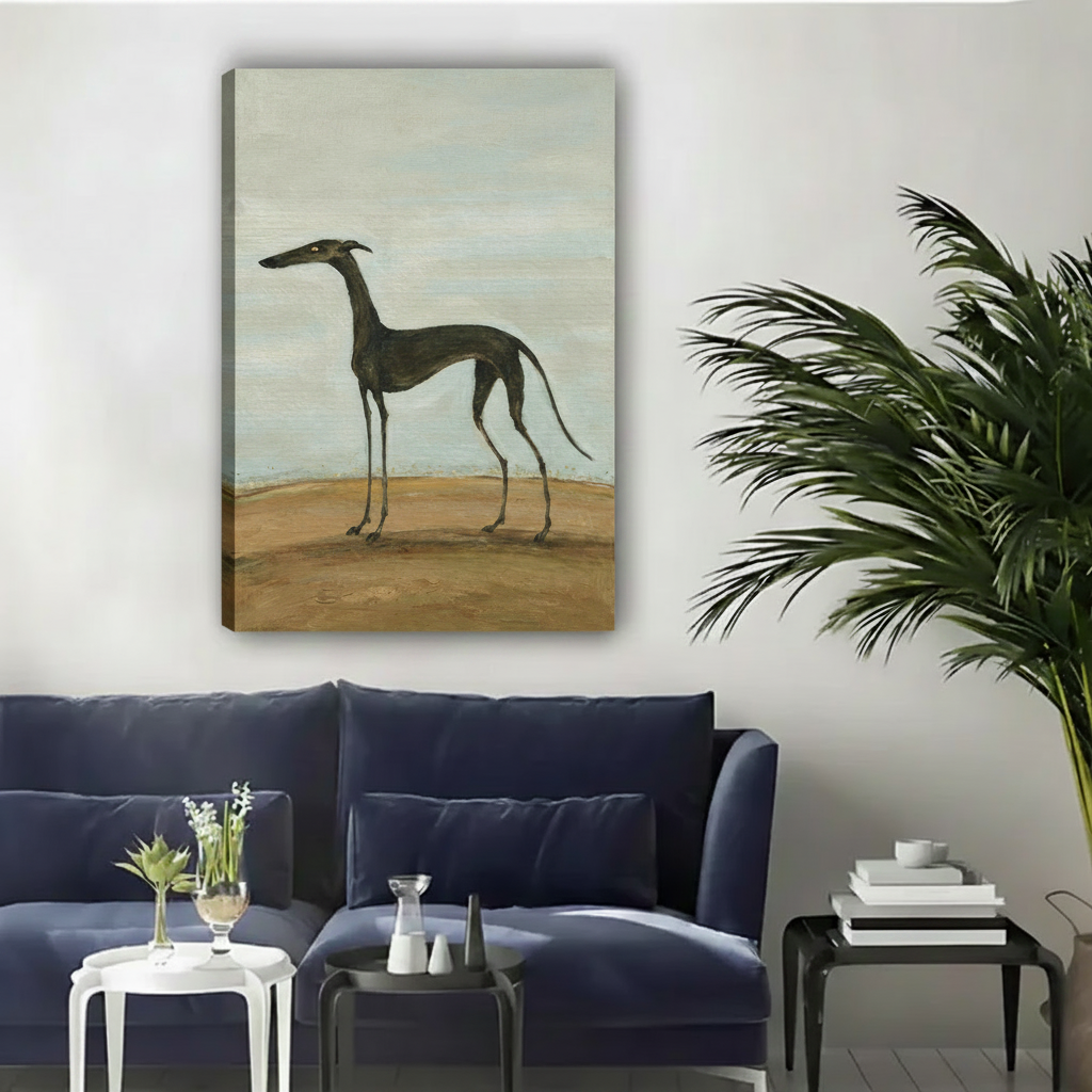 Unframed gallery wrap classical oil greyhound portrait canvas above navy sofa with side tables and palm plant